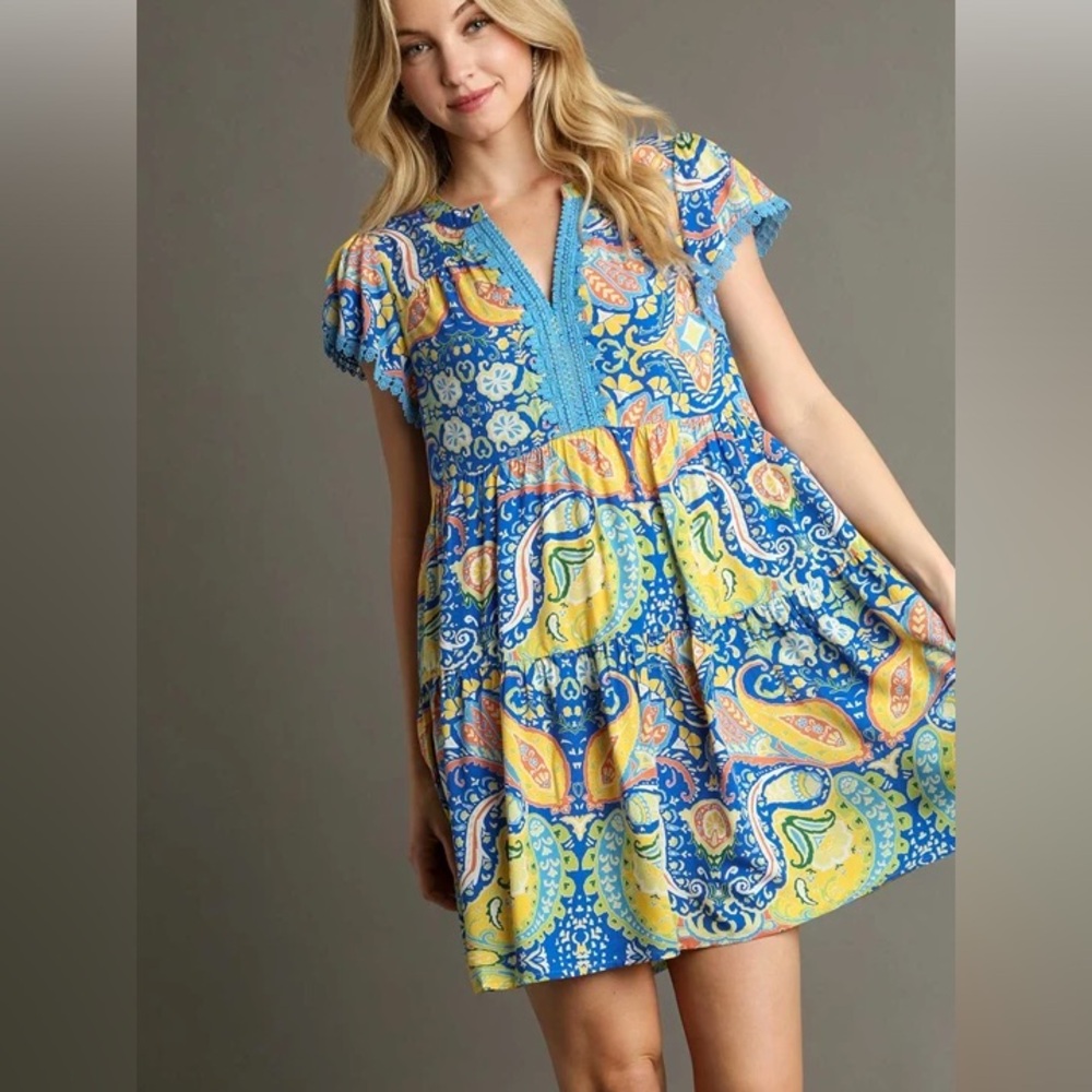 Anthropologie Blue Yellow Multi Paisley Tiered Mini Dress
